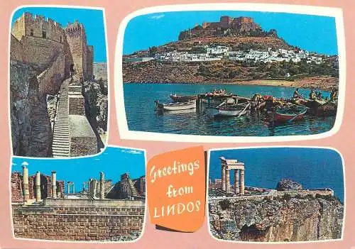 Greece postcard Rhodes greetings from Lindos multi view ruins fort
