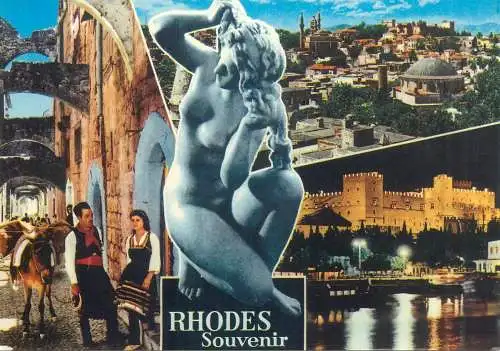 Greece postcard Rhodes souvenir multi view traditional costume harbour scene