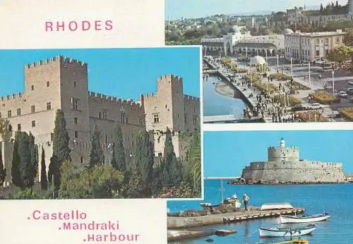 Greece postcard Rhodes Castello Mandraki harbour lighthouse fort