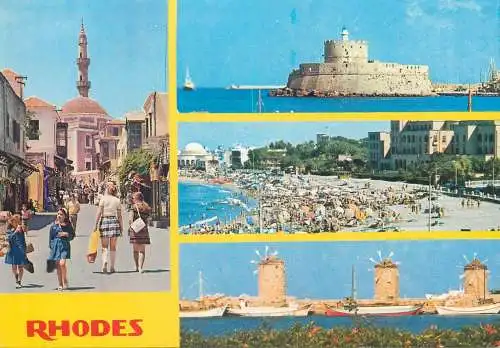 Greece postcard Rhodes multi view minaret mosque lighthouse windmill fort