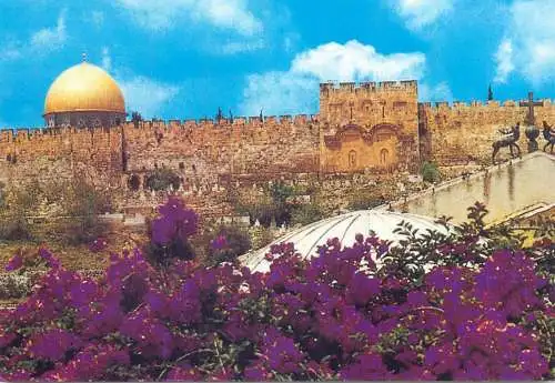 Israel Jerusalem postcard Golden Gate and flowers