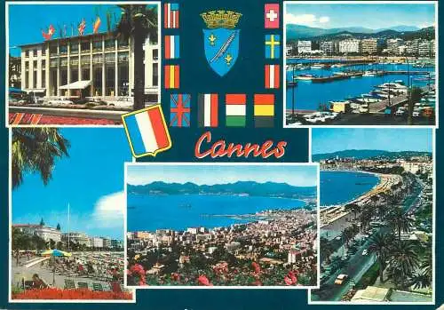 Postcard France souvenir de Cannes multi view Coat of Arms flags
