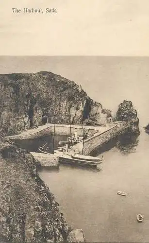 UK postcard Sark island harbour steamboat
