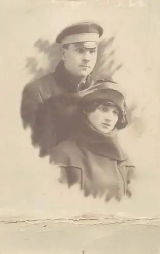 Couple portrait vintage trimmed photo postcard ( horizontal bending ) dated 1920