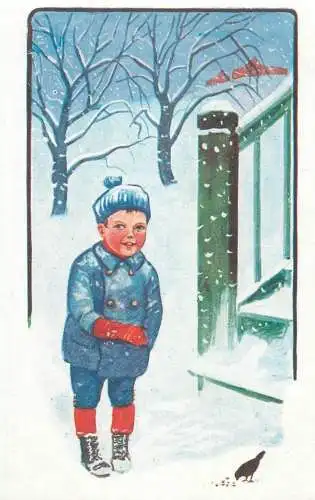 Drawn boy feeding bird winter scenery greetings postcard Millet & Co. serie