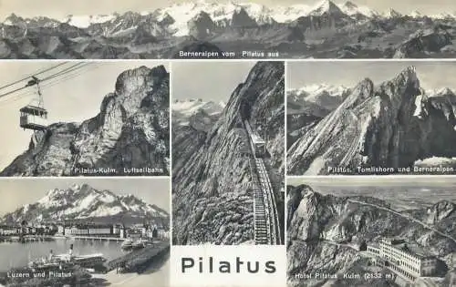 Switzerland postcard Pilatus multi view teleferique train hotel steamship 1957