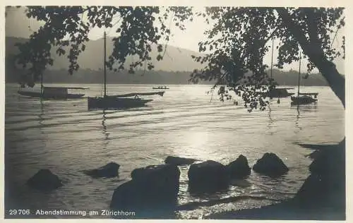 Switzerland postcard Abendstimmung am Zurichhorn lake boat scene