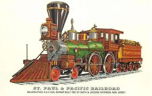 St Paul & Pacific Railroad Railed transport history postcard Baloon Stack 4-4-0 Coal Burner