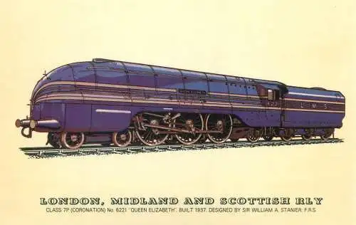 Railed transport history post card Coronation Class Queen Elizabeth locomotive London, Midland and Scottish Railway