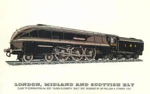 Railed transport history postcard Coronation Class Queen Elizabeth locomotive London, Midland and Scottish Railway