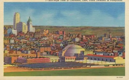 United States Cincinnati union terminal bird`s eye view linen postcard