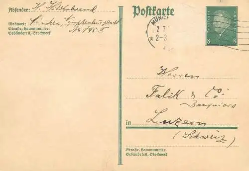 Postkarte Germany 1930 postal stationery card correspondance Munchen - Luzern
