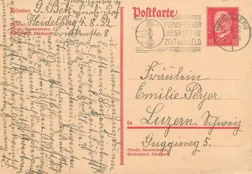 Postkarte Germany 1932 postal stationery card correspondance Heidelberg - Luzern