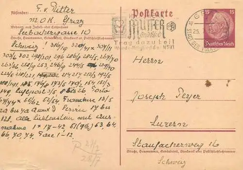 Postkarte Germany 1936 postal stationery card Graz - Luzern