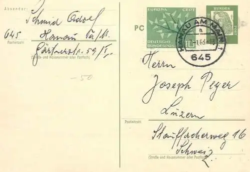 Germany 1963 postal stationery Hanau am Main - Luzern Europa Cept uprated stamp