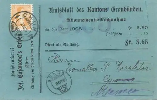Official journal of the canton of Graubünden subscription receipt 1909 Helvetia Switzerland
