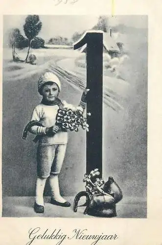 Postcard Netherlands children portraits Gelukkig Nieuwjaar January 1st young girl with horseshoe lucky charm