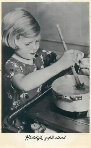 Postcard Netherlands Hartelijk Gefeliciteerd greetings children portraits young girl cooking
