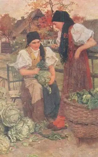 Postcard peasant women folk clothing J. Douba painting