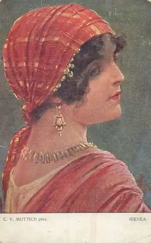 Postcard Irenea gypsy woman portrait traditional clothing C.V. Muttich Gemalde