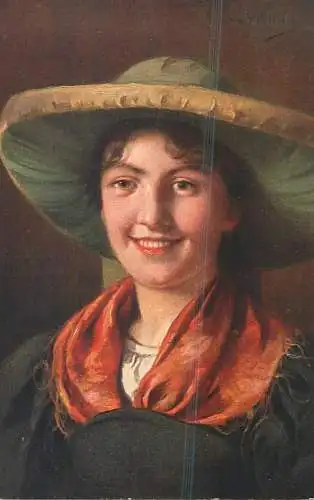 Postcard beautiful smile lady portrait painting fancy hat historical outfit