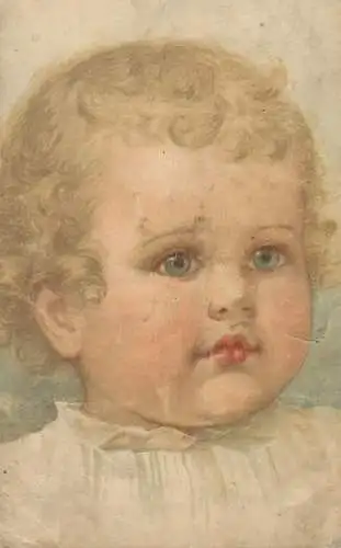 Postcard curly blond hair blue eyes baby portrait