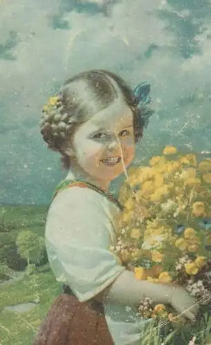 Postcard countryside young girl smiling flower bouquet folk clothing