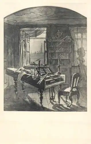 Beethoven Sterbezimmer im Schwarzspanierhaus Tuschzeichnung von J. Hochle piano