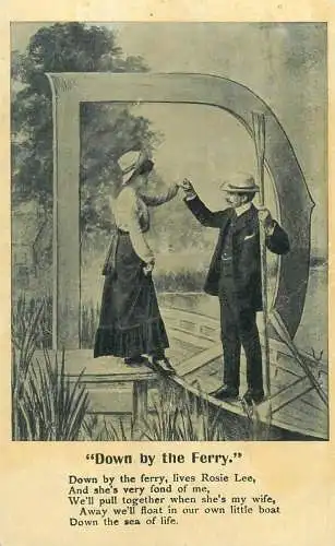 Alphabet vintage Postcard romantic lovers' idyll 'Down by the ferry '