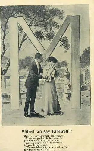 Alphabet vintage Postcard romantic lovers' idyll 'Must we say farewell'