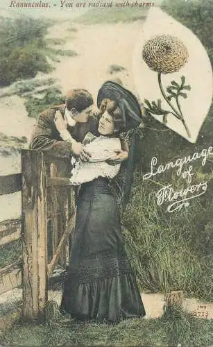 Postcard charming, elegant lovers couple gallant courting idyll ranunnculus flower