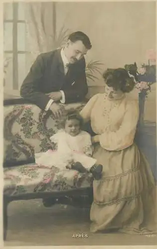 family real photo after baby Postcard parents couple with their little girl