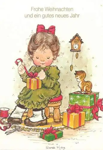 Sarah Kay Drawn children greetings artist signed post card Frohe Weihnachten und ein gutes neues Jahr