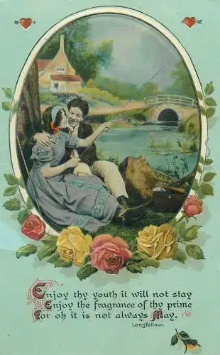 embossed Postcard romantic lovers couple idyll riverbank fishing roses floral design