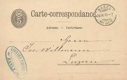 Switzerland Entier Postal Stationery Postkarte 5 Rappen correspondance Basel - Luzern 1878