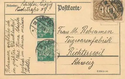 Germany Entier Postal Uprated Stationery correspondance Leipzig Richterwil 1923