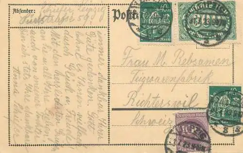 Germany Entier Postal Uprated Stationery correspondance Leipzig Richterwil 1923