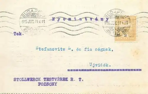 Hungary Entier Postal Stationery correspondance Budapest Ujvidek 1915 Stollwerck Testverek Pozsony