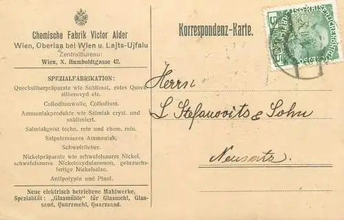Austria Entier Postal Stationery correspondance Ujvidek Franz Joseph 5 Heller 1912 Chemische Fabrik Victor Adler