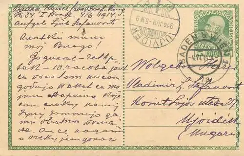 Austria Entier Postal Stationery correspondance Postkarte - Franz Joseph 5 Heller Baden bei Wien to Ujvidek 1914