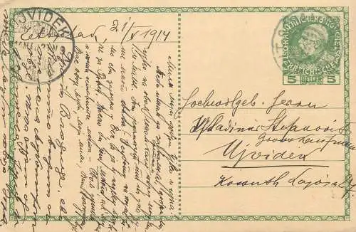 Austria Entier Postal Stationery correspondance Ujvidek Postkarte - Franz Joseph 5 Heller 1914