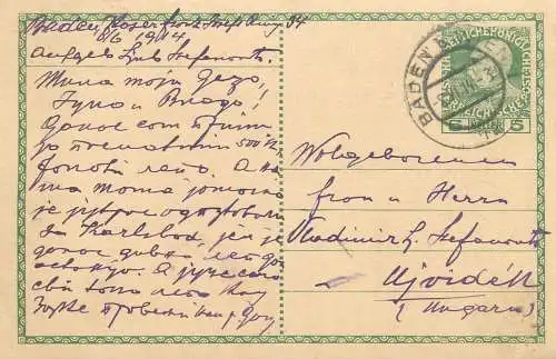 Austria Entier Postal Stationery correspondance Postkarte - Franz Joseph 5 Heller Baden bei Wien to Ujvidek 1914