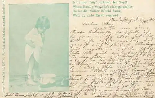 L. Meyer`s Versandthaus mono chrome 1900 postcard children scene night pot UPU swiss franking stamp