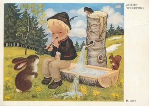 drawn children greetings Postcard Eine kleine Fruhlingsmelodie H. Mossel illustration