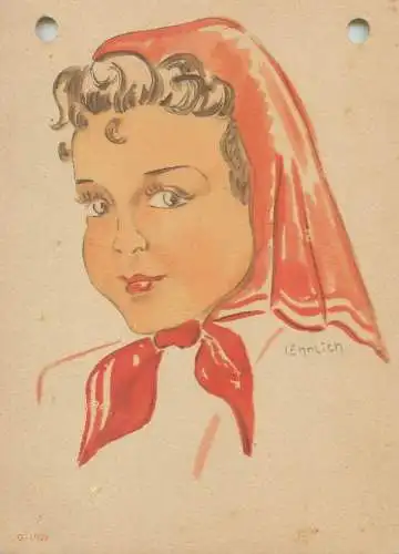 folk type lady portrait drawing headkerchief artist signed Postcard