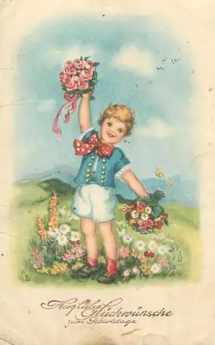 drawn children greetings Postcard Die besten Gluckwunsche zum Geburtstage smiling girl roses bouquet