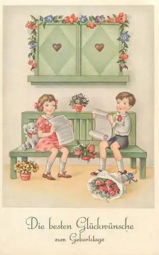 drawn children greetings Postcard Die besten Gluckwunsche zum Geburtstage roses bouquet