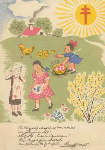 Easter greetings Postcard chicken poultry pencilled eggs girls children types and scenes
