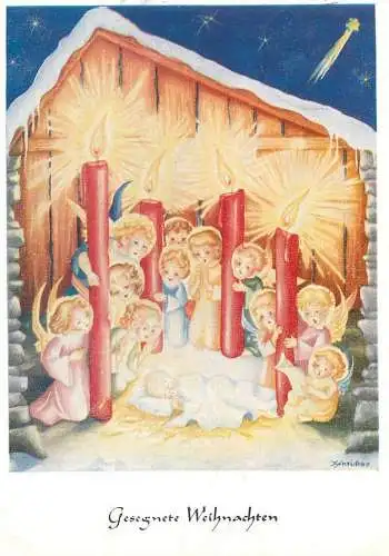 religious illustration Irene Schricker signed Postcard the Holy Child surrounded by angels
