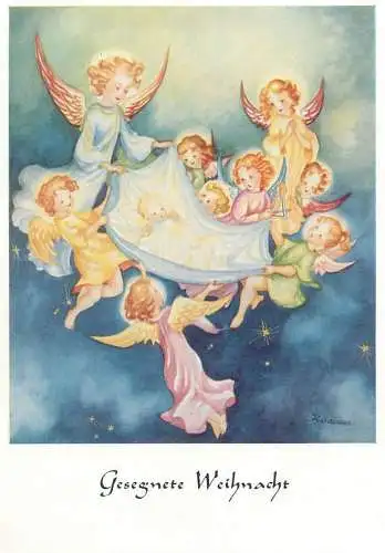 religious illustration Irene Schricker signed Postcard the Holy Child raised to Heaven by angels